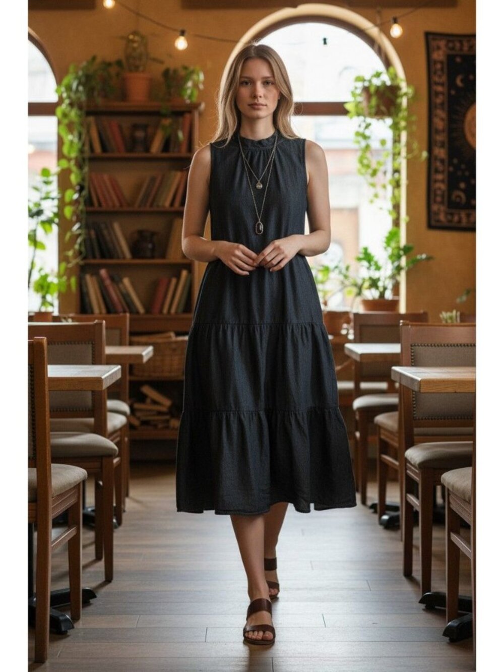 Love Ryan M Tiered Sleeveless Midi Dress Cotton Black Chambray Women Mock Neck